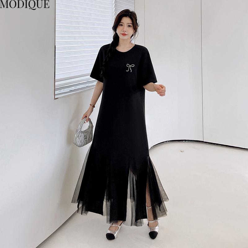 MODIQUE Summer Plus Size New Women Loose Elegant Solid Color Printing Mesh Hemline Long Dress Female Casual Short Sleeve O-Neck Dresses