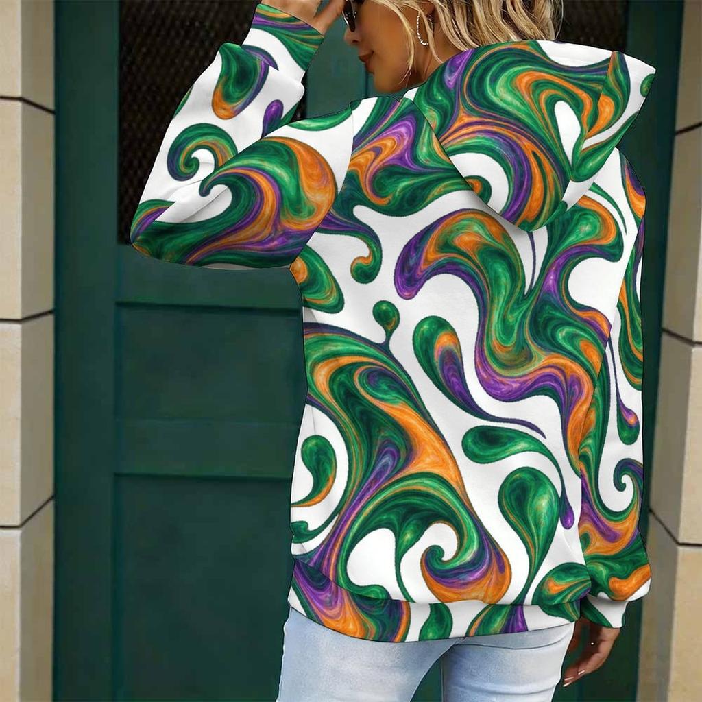 Women Plus Size Long Sleeve Drawstring Hoodie Watercolor Cloud Printed Kangaroo Pocket Pullover