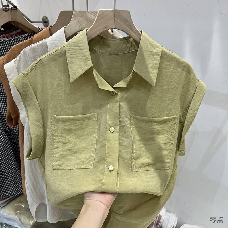 Summer Double Pocket Sleeveless Thin Shirts Loose Solid Color Pure Cotton Women's Blouses & Shirt