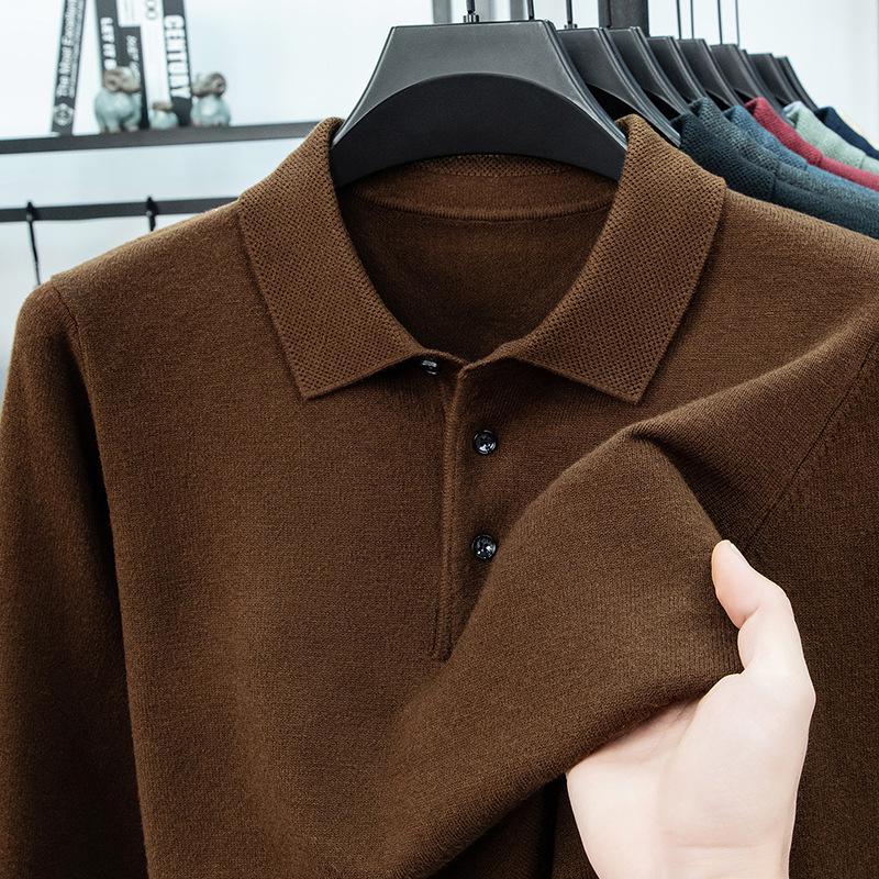 Men's Lapel Solid Color Warm Knit Sweater - Thickened Wool, Cashmere Feel, 2025 Autumn/Winter Collection