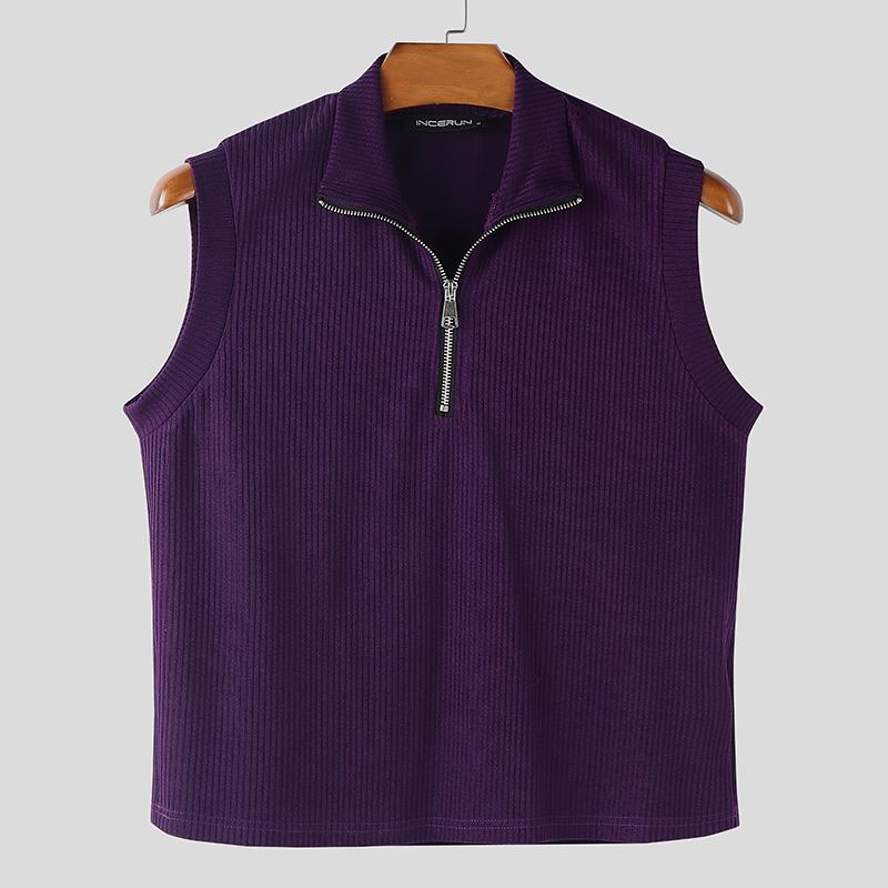 INCERUN Herren Ärmellos Reißverschluss Reverskragen Gerippt Cropped Cargo Crop Tanktops 3XL violett