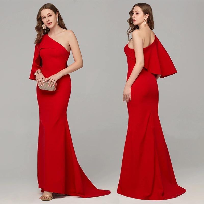 Autumn single shoulder ruffle edge slant shoulder trailing evening dress wish hot buy dress