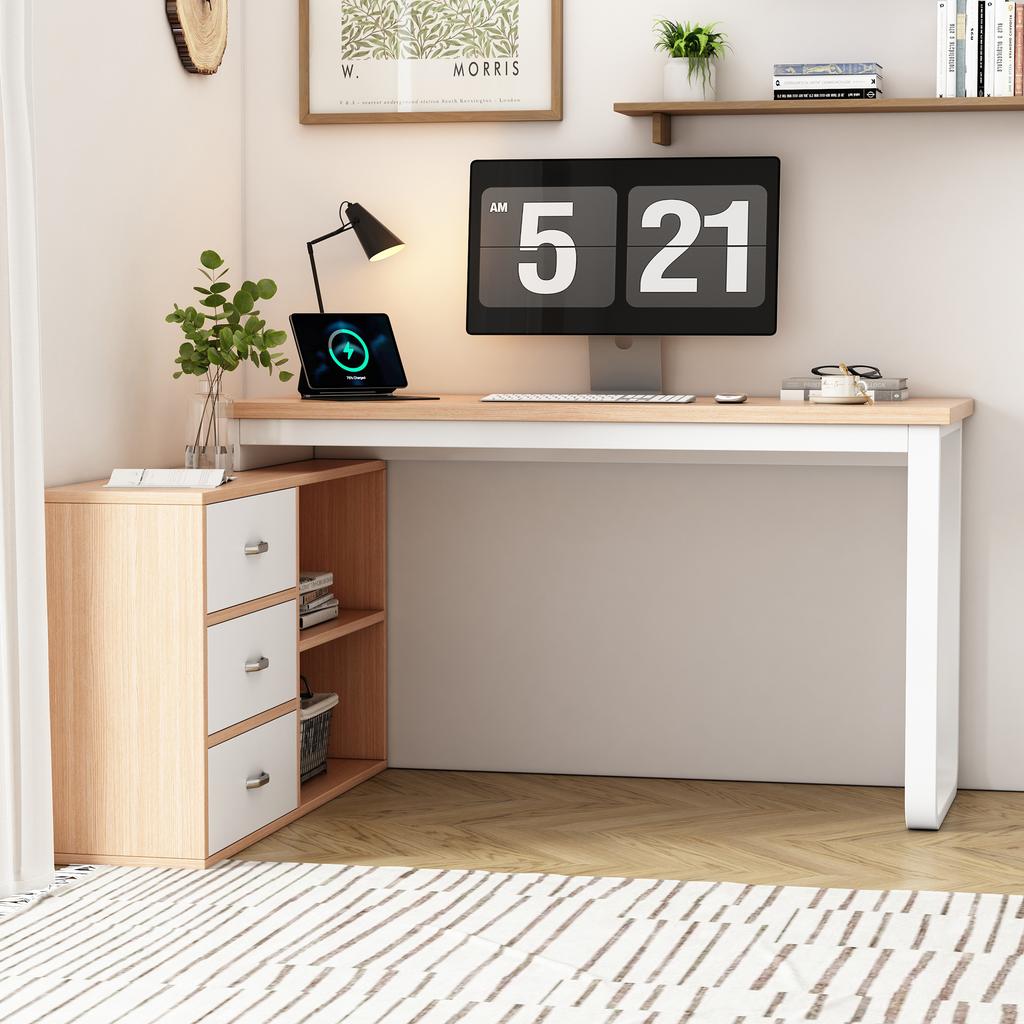 Simple Desk, Office Desk, Three Drawers, Two Open Storage Compartments, Solid Steel Tube, Wide and Thick Tabletop, Stable Load Capacity, Natural