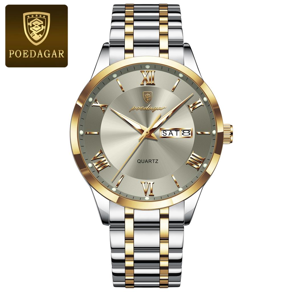 POEDAGAR Luxury Fashion Men Clock Waterproof Luminous Week Date Sports Wristwatch Stainless Steel Quartz Watches Reloj
