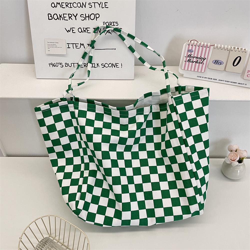 Retro Green Plaid Canvas Tote Bag - College Style, Single Shoulder or Handheld, Korean Fashion