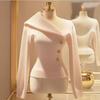 Women Asymmetric Button Cowl Neck Knit Top Long Sleeve Slim Fit Casual Elegant Solid Color Sweater