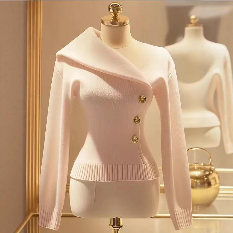 Women Asymmetric Button Cowl Neck Knit Top Long Sleeve Slim Fit Casual Elegant Solid Color Sweater