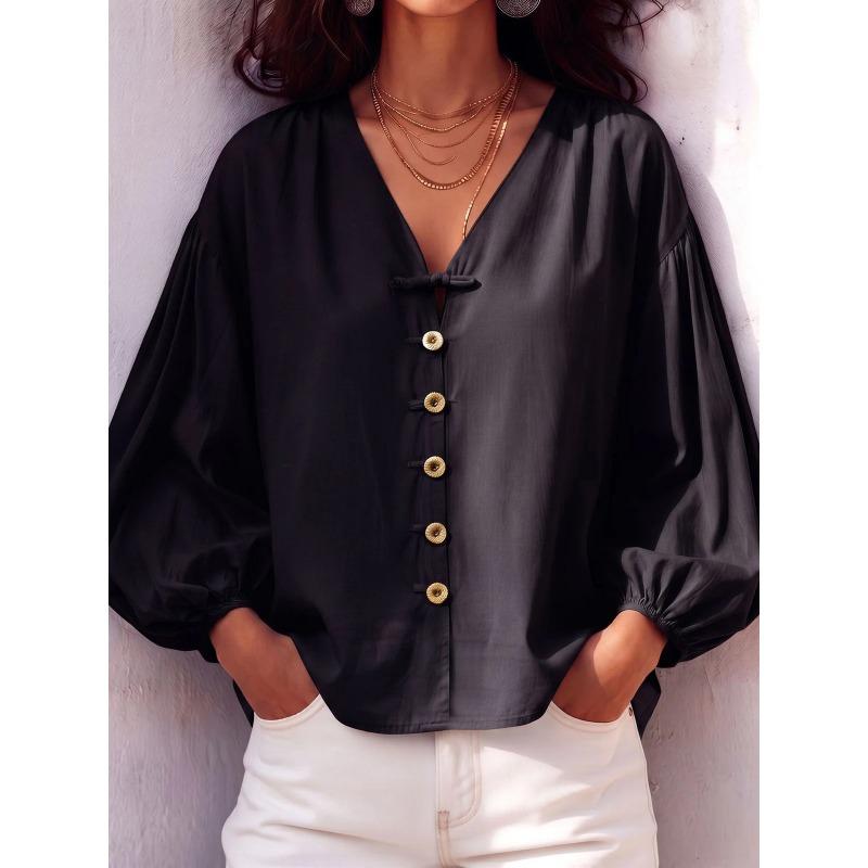 JPNTKY Damenmode Lässige V-Ausschnitt Langarm Blusen & Hemden