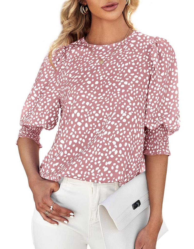 Women's Chiffon Blouse Crew Neck Tops Half Sleeve Pullover T-Shirt Floral Print Tunic Blouse Shirts