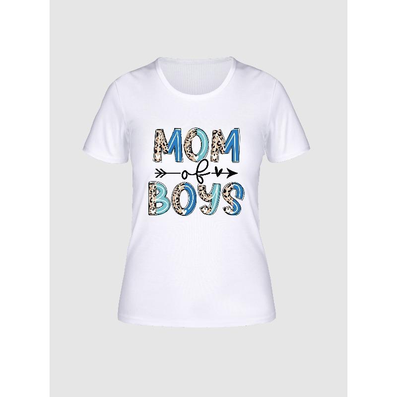Europäische Größe Damen "MOM OF " Grafik-T-Shirt mit Leopardenmuster - Weiche Polyester-Spandex-Mischung, Lässiges Rundhals-Kurzarm-T-Shirt