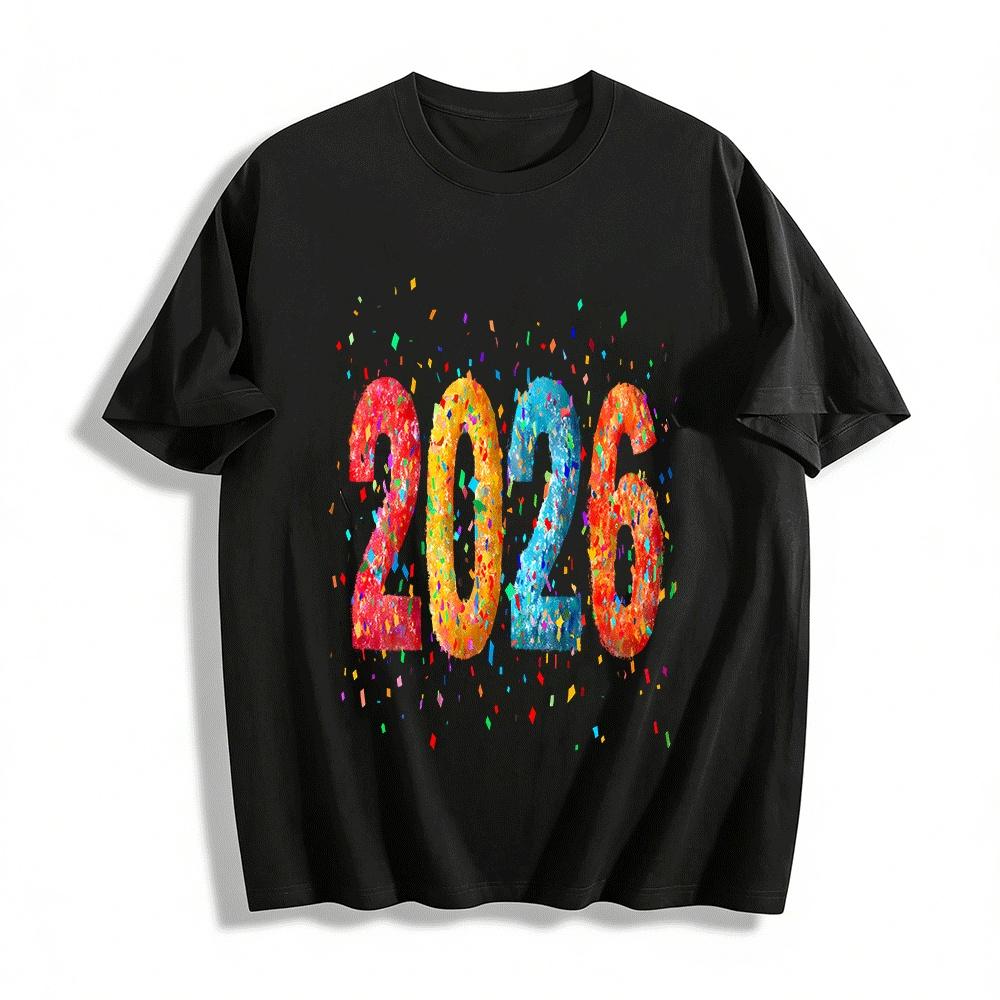 

2026 New Year Themed Colorful Print Casual Loose Crewneck Top Pure cotton T-shirt XXS