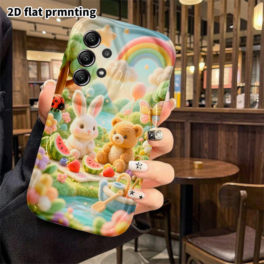 Phone case: 2D flat, suitable for Samsung Galaxy A34 A35 M05 M06 S20 S22 S21 FE Plus 5G protective case, picnic rabbit and little bear, perfect Christ