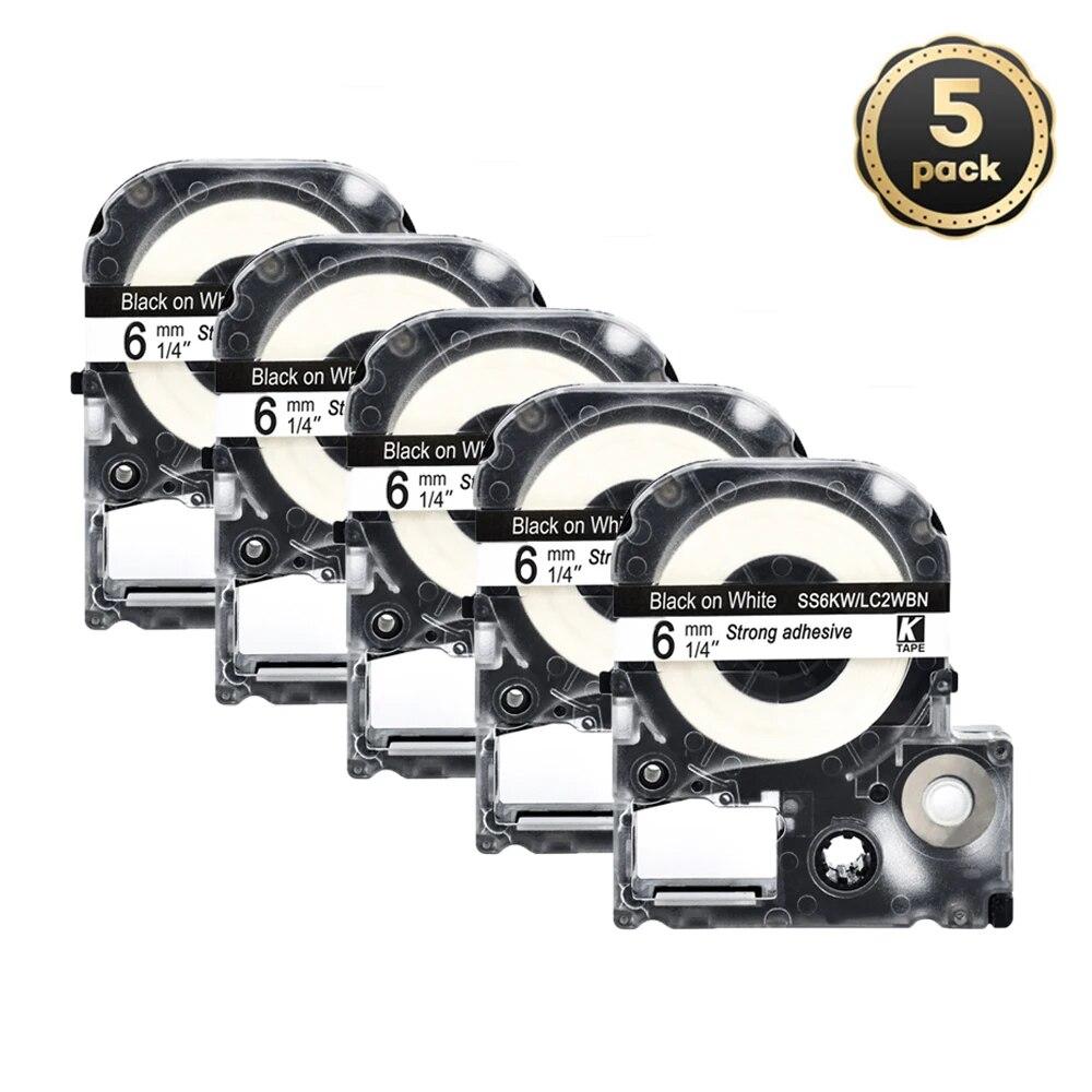 5 Packungen 6 mm mehrfarbige Etiketten, kompatibles Epson-Etikettenband SS6KW LC-2WBN9 SC6YW SC6BW SC6RW für Kingjim Epson-Drucker LW300 LW400