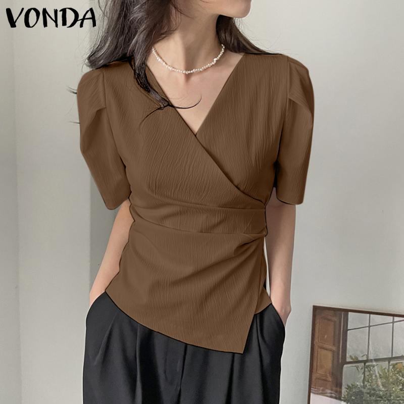 

VONDA Женская летняя свободная блузка с v-образным вырезом и короткими рукавами, плиссированная талия, сплошной цвет