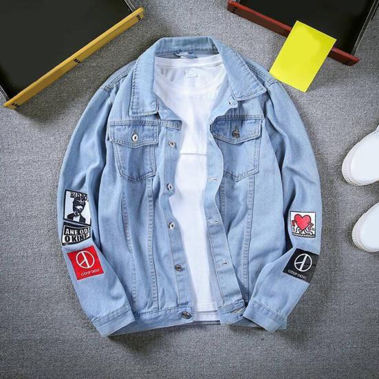 Long Sleeves Pockets Single-breasted Denim Coat Spring Autumn Letter Print Turn-down Collar Unisex
