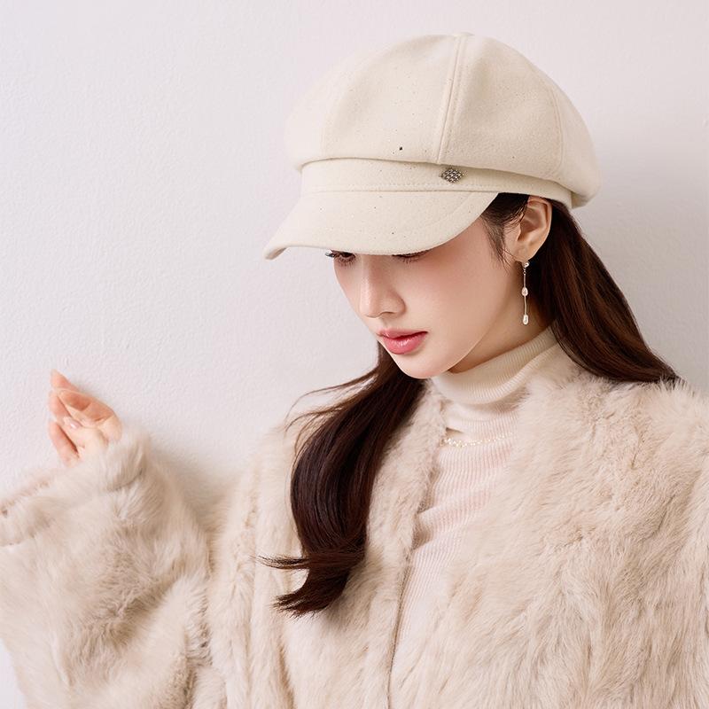 Light luxury fine woolen hat women's autumn and winter simple rhinestones embellished navy hat modified face versatile cap