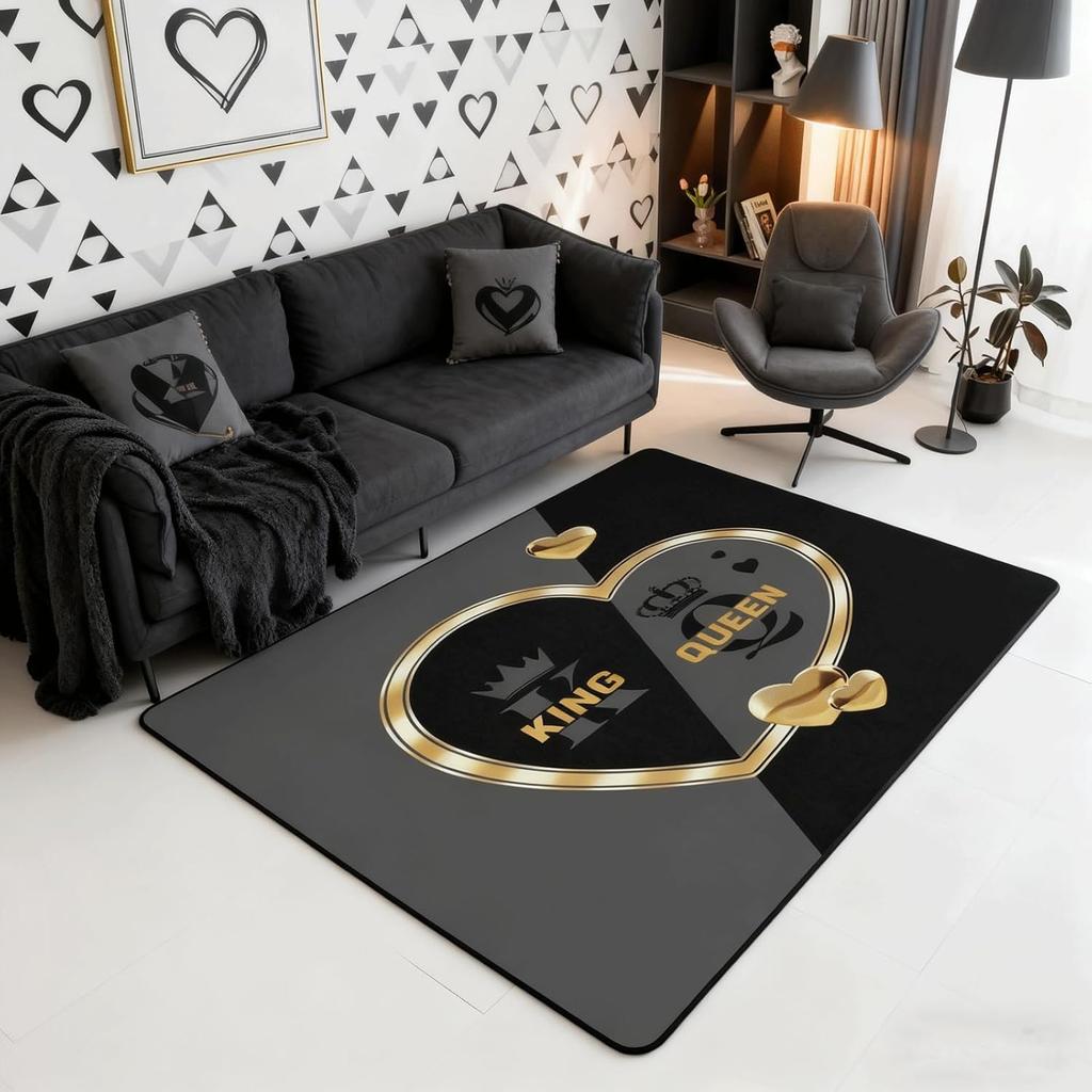 King and Queen Crown Area Rug Romantic Gold White Loving Heart Rugs for Living Room 39"x59",Couple Lover Gray and Black Washable Rug,Wedding