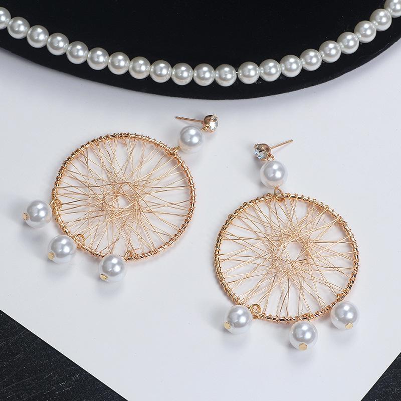 E1350 Fashion Mesh Pearl Earrings, Vintage Woven Metal Large Circle Earrings, Earrings Women