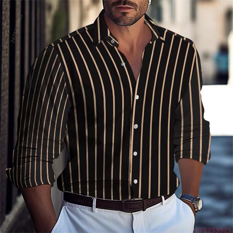 2026 New Style Red, Black, and White Striped Long-Sleeve Shirt for Men, Stylish Slim Fit Lapel Cardigan Casual Top