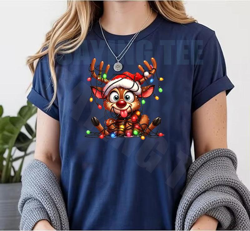 Women Cute Reindeer Christmas Lights Graphic Tshirt Funny Santa Hat Deer Printed Short Sleeve Tops Xmas Holiday Casual Tee Gift