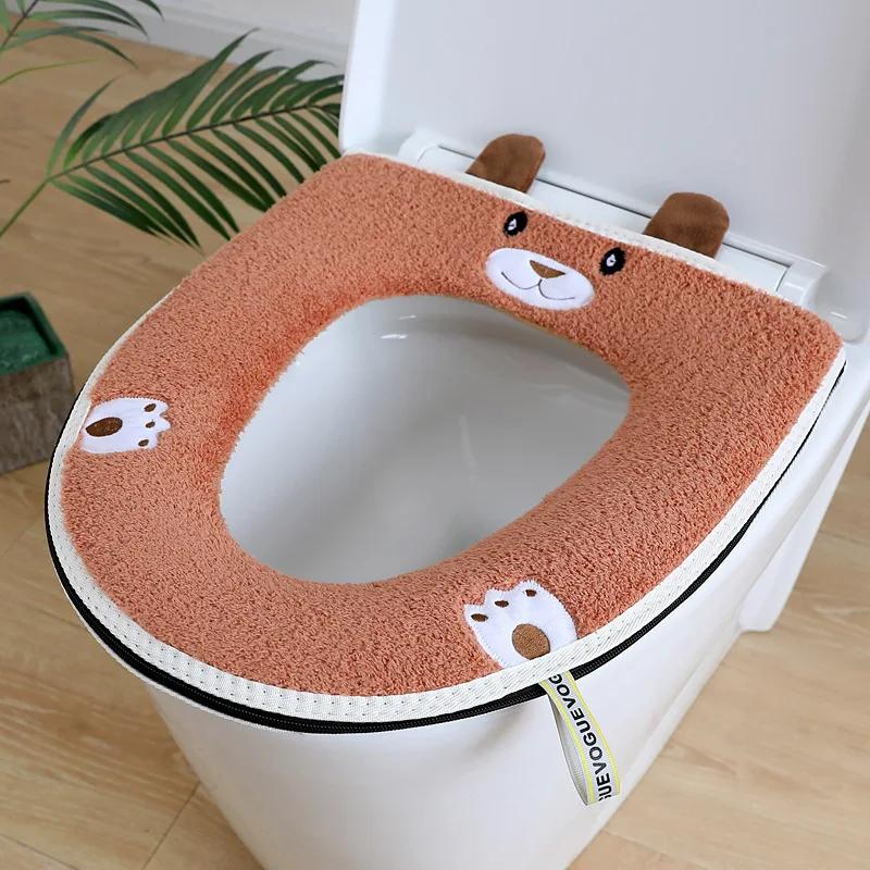 Winter Warm Toilet Seat Cover Cute Cartoon Toilet Seat Cushion Universal Waterproof Zipper Closestool Mat Bathroom Accessories