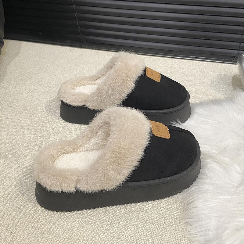 Women's Baotou plush slippers padded warm winter thick bottom heightened home slippers casual walking indoor shoes snow cotton slippers