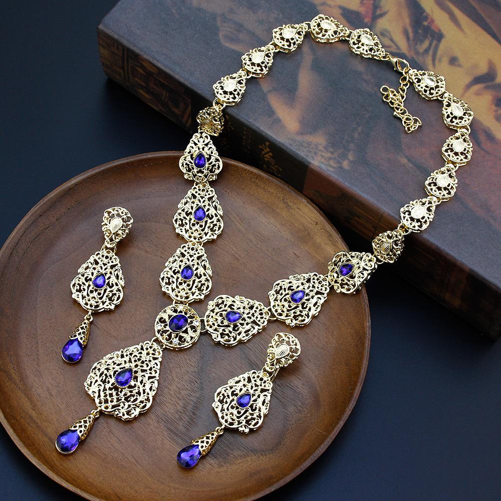 Gold Color Jewelry Sets Long Earring Necklace Set For Women Hollow Arabesque Pendant Necklace Bride Jewelry