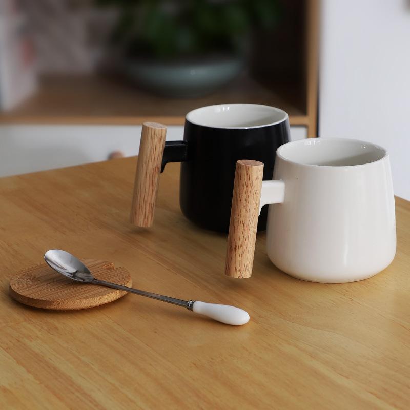Ceramic Coffee With Lid Spoon Simple Wooden Handle Office Couple Water Cup Engraving