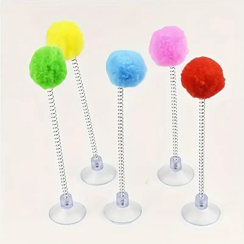 Spring Fur Ball for Cats, Multicolored Suction Cup Toy, Teaser Stick, Interactive Pet Toys, Scratch Toys, Random Color Supplies, 5 Pieces