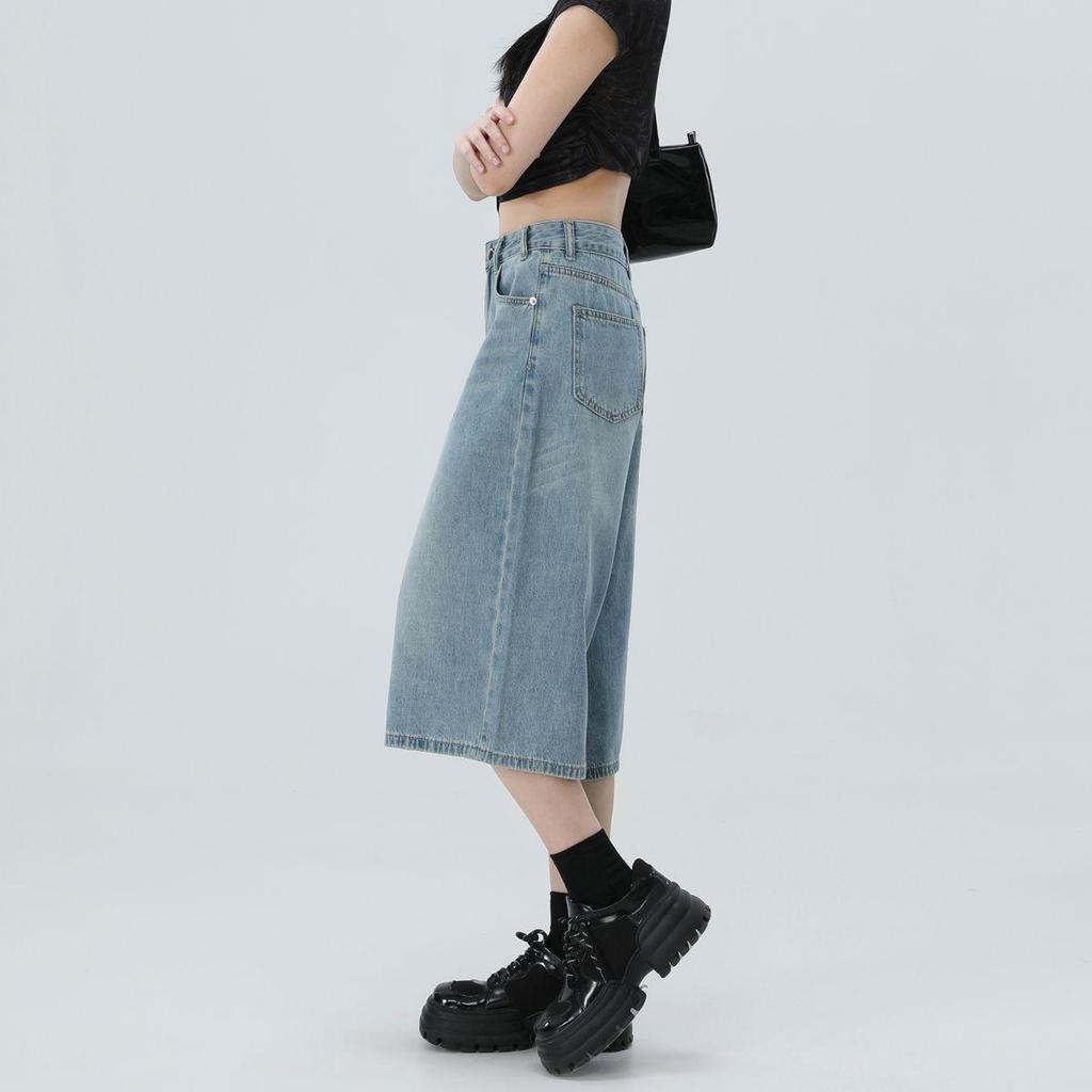 2025 Spring/Summer Women's High-Waisted Wide-Leg 7/8 Jeans - Slimming Straight-Leg, Versatile American Style