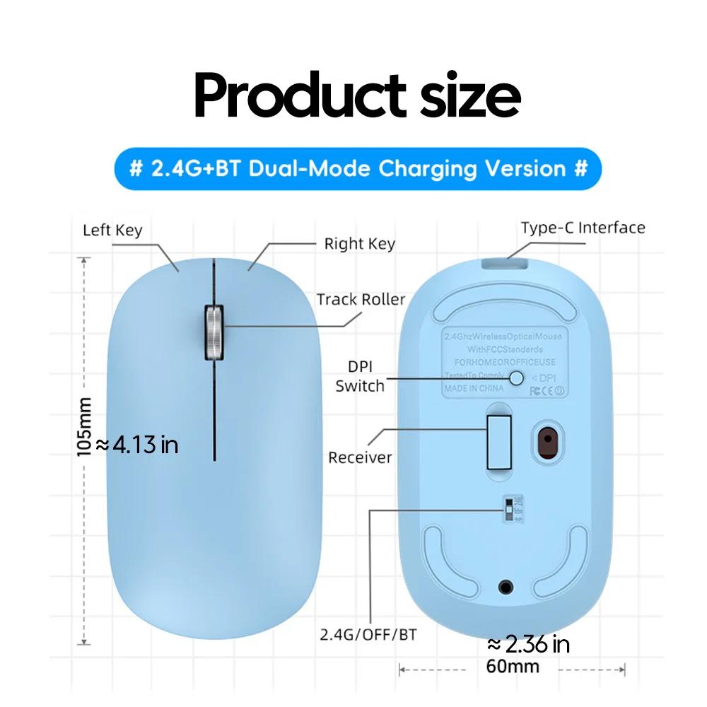 2.4G Wireless Bluetooth Mouse Dual Mode 1600DPI Adjustable 2.4G Type-C Rechargeable Mice Silent Ergonomic Portable Office Mouse
