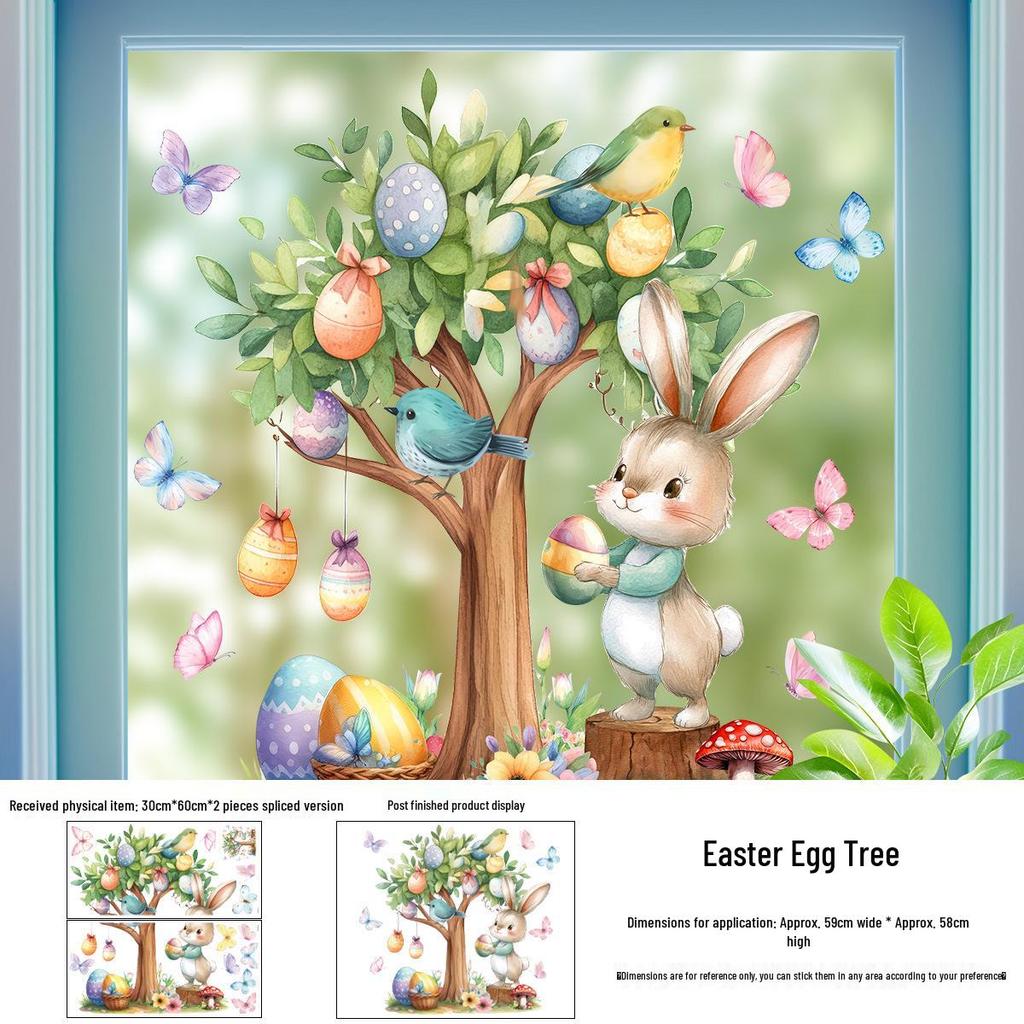 Easter Egg Cartoon Rabbit Electrostatic Window Clings for Living Room or Glass Door.