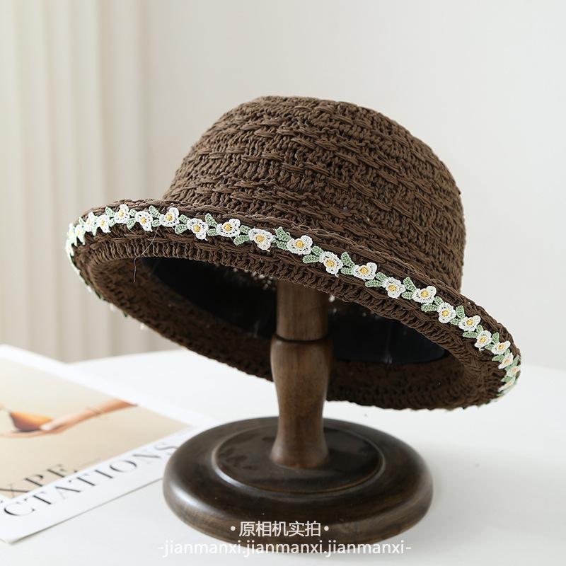Summer Knitted Brim Bucket Hat Lace Hat Women Breathable Mesh Beach Straw Sun Hat Outdoor Wide Brim Visor Cap