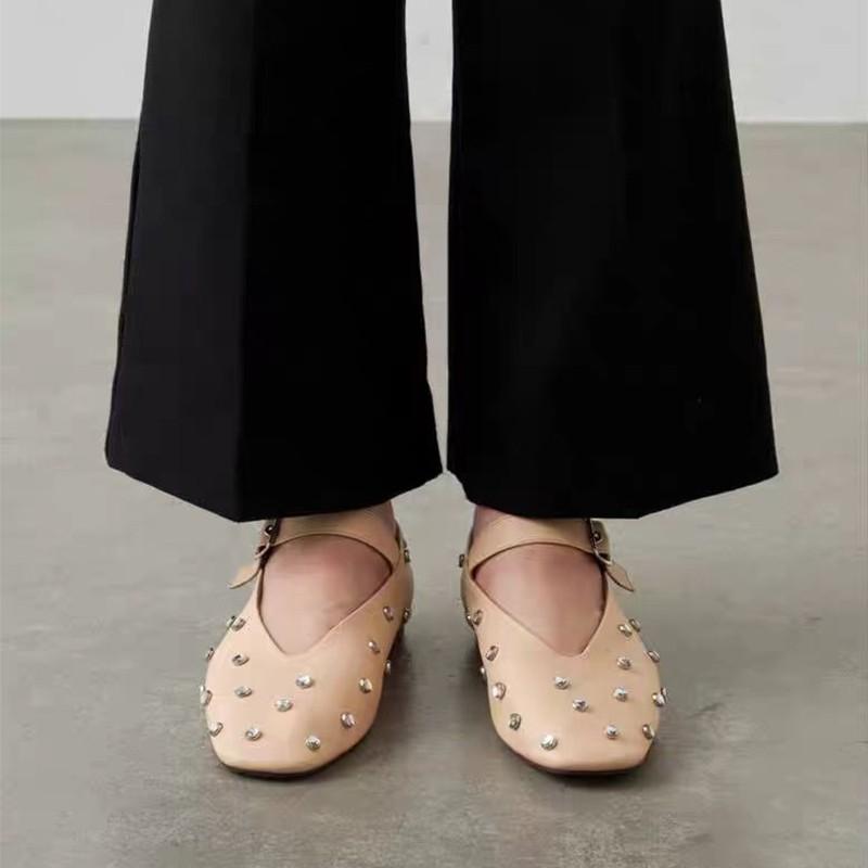 Rivets Women Flats Genuine Leather Buckles 2024 New Spring Summer Fashion Soft Leather Shoes Mary Jane Black Flats Shoes Woman