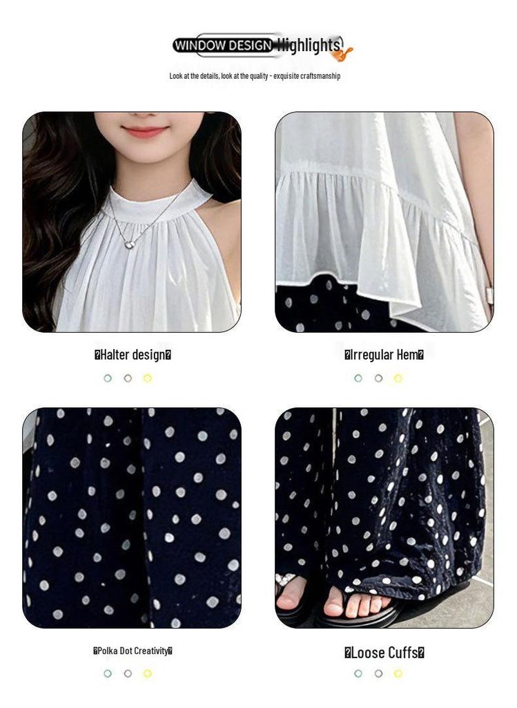 2026 Summer Polka Dot Pants & Ruffle Halter Top Set for Girls - Medium & Large Kids' Cool Summer Wear.