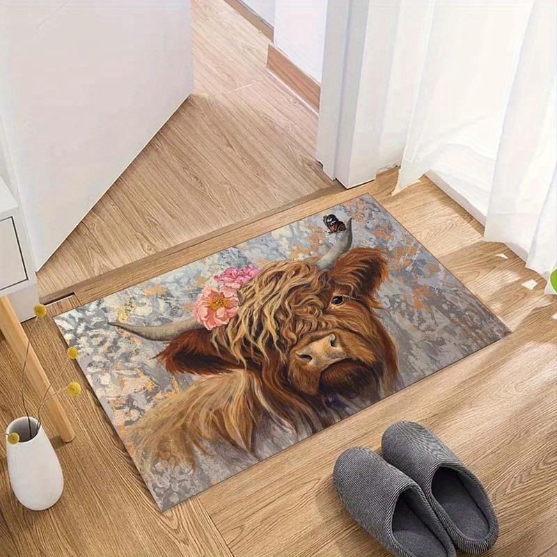 1pc Rustic Highland Cow Area Rug - Non-Slip, Non-Shedding, Soft, and Durable Floor Mat - Perfect for Bedroom, Living Room, Bathr