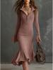 2025 Autumn Elegant Knit Fishtail Skirt with Zipper Lapel and Bell Sleeves - European and American Style