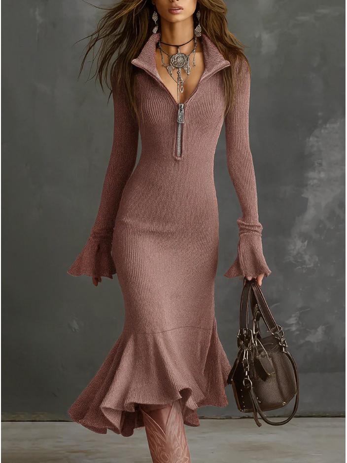 2025 Autumn Elegant Knit Fishtail Skirt with Zipper Lapel and Bell Sleeves - European and American Style