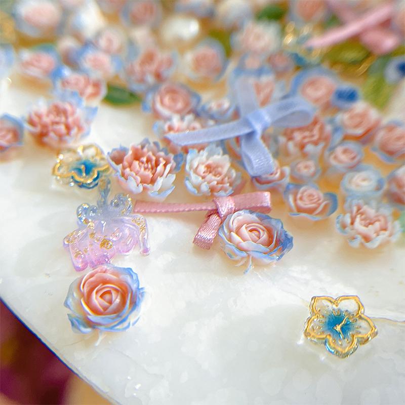 100Pcs Diy Nail Art Decor 3D Blue Pink Roses Garden Nail Drill Mixed Pearl Fabric Butterfly Knot Leaf Manicure Diamond Accessory