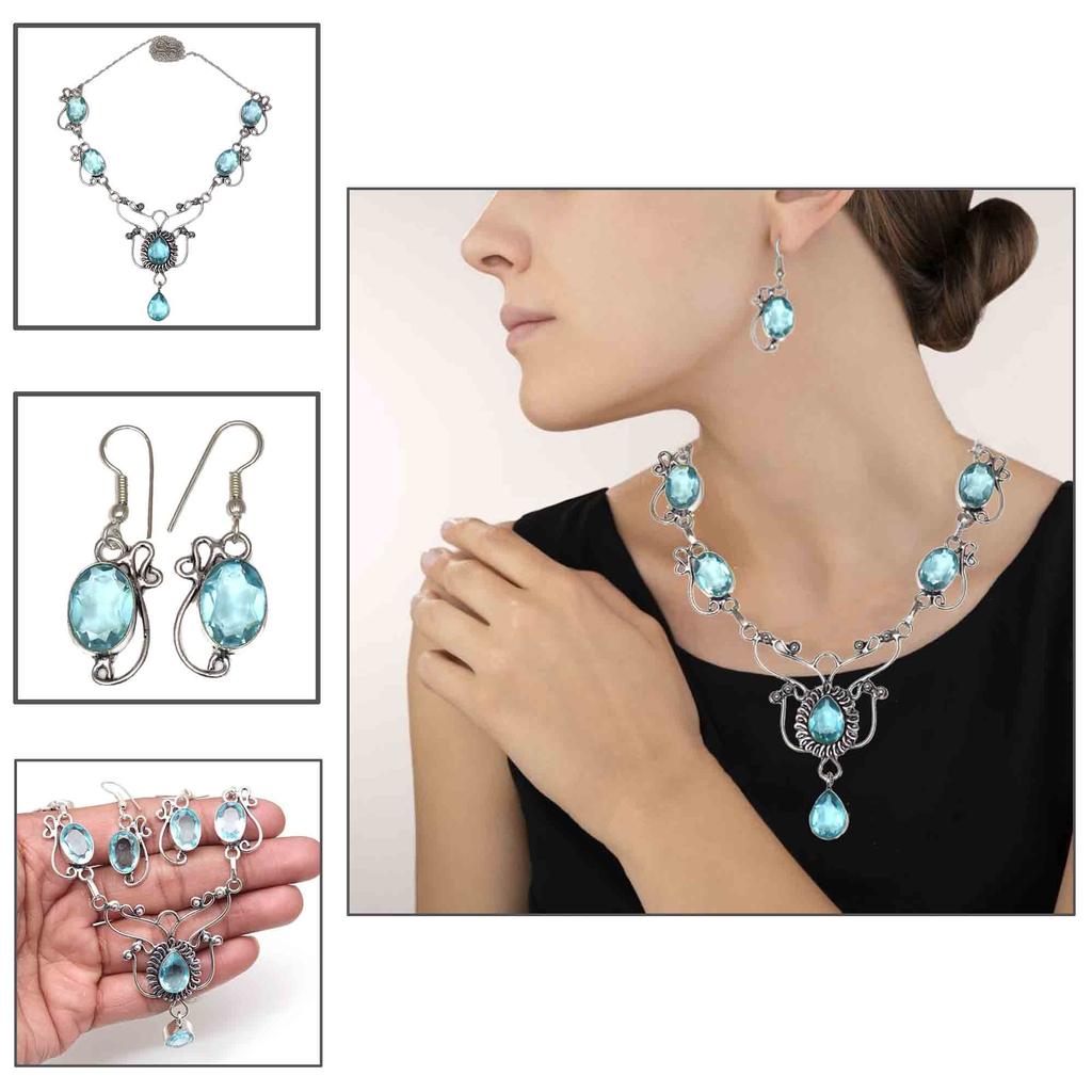 Swiss Blue Quartz Gemstone Handmade Jewelry Necklace & Earrings 18-20''