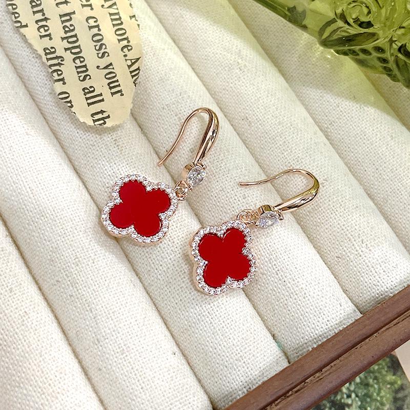 Red Four-Leaf Clover Earrings for Women - High-End, Fashionable Silver Jewelry with Chic Fragrance Style.