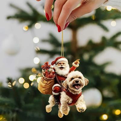 Weihnachtsbaumschmuck Weihnachtsmann Hund Lustiger Weihnachtsmann reitet auf Welpe Ornamente 2D Acryl Tier Weihnachts-Hänge Dekoration für Hundeliebhaber