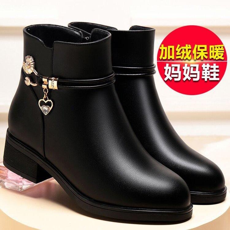 Mom Cotton Shoes Women's New Winter Velvet Soft Leather Soft-soled Short Boots Single Boots Warm and Non-slip Medium Leather Cotton Boots