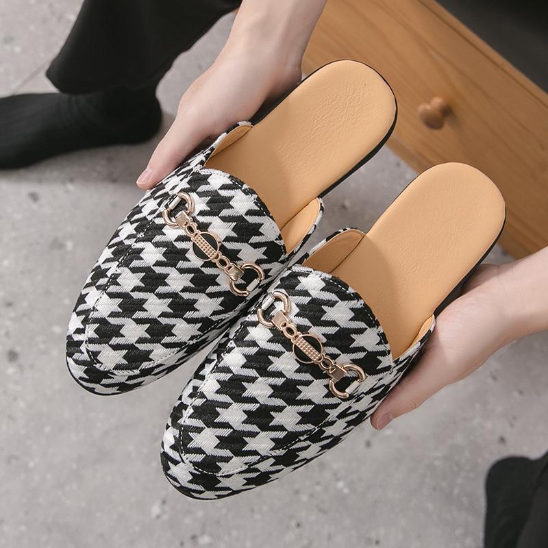 Men s Sandals Clogs Summer Flats Dress Shoes Black Sandals Casual Backless Red Print Leather Shoes Large Size 38