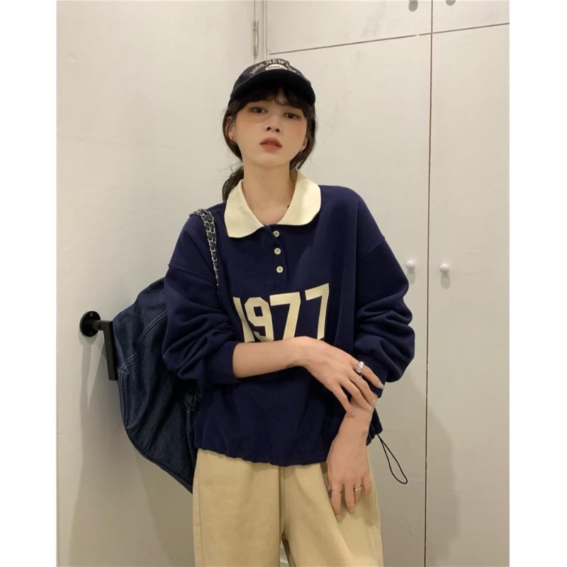 

Women s Retro Color Block Polo Collar Sweatshirt - Autumn/Spring Loose Fit Pullover XL [For 130-150 lbs] темно-синий