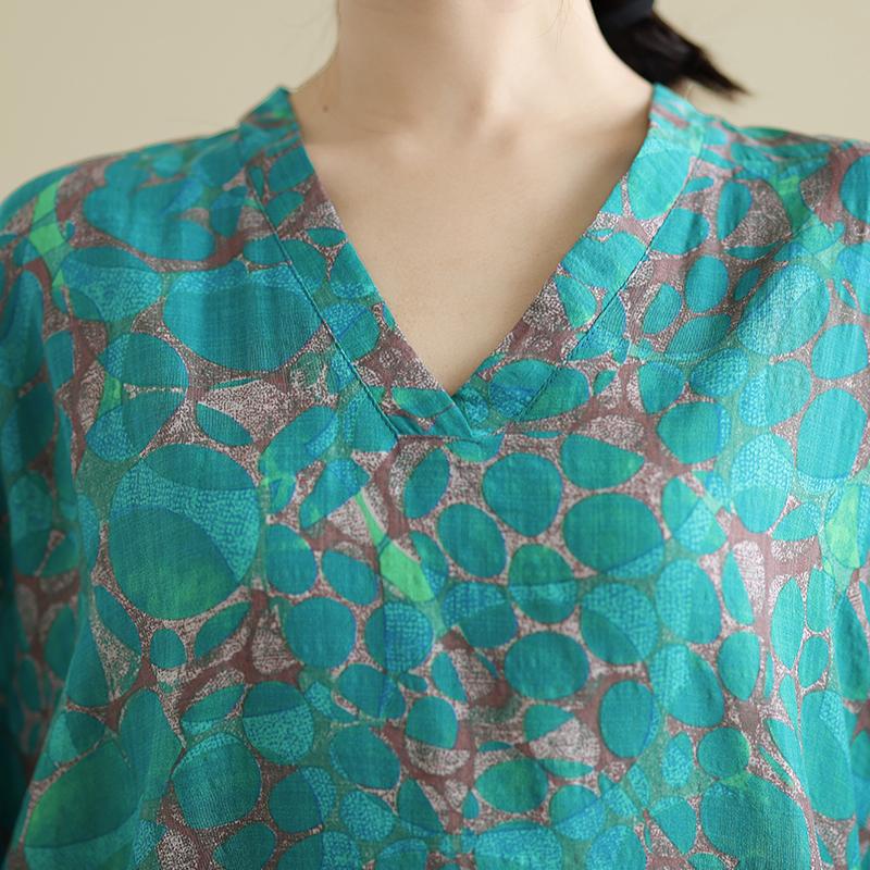 DIMANAF 2025 Women Plus Size Spring Long Dress Loose V-Neck Printing Vintage Casual Floral Oversize Long Sleeve 5033