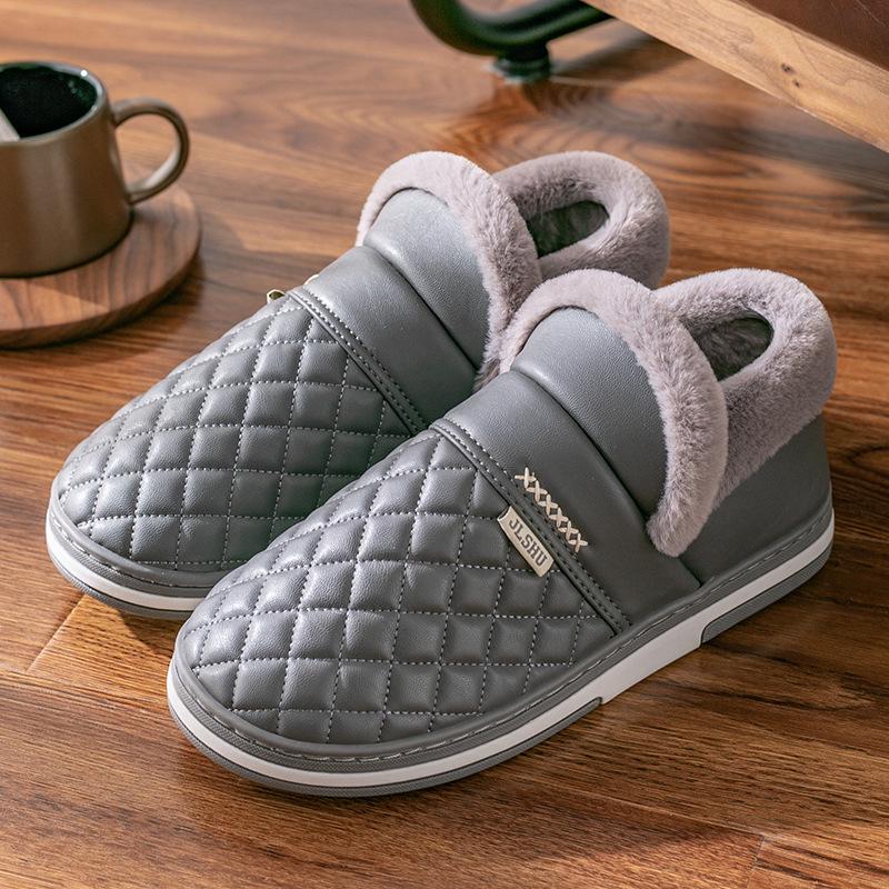 Waterproof Leather-Cotton Slippers, Non-Slip Closed Heel for Indoors