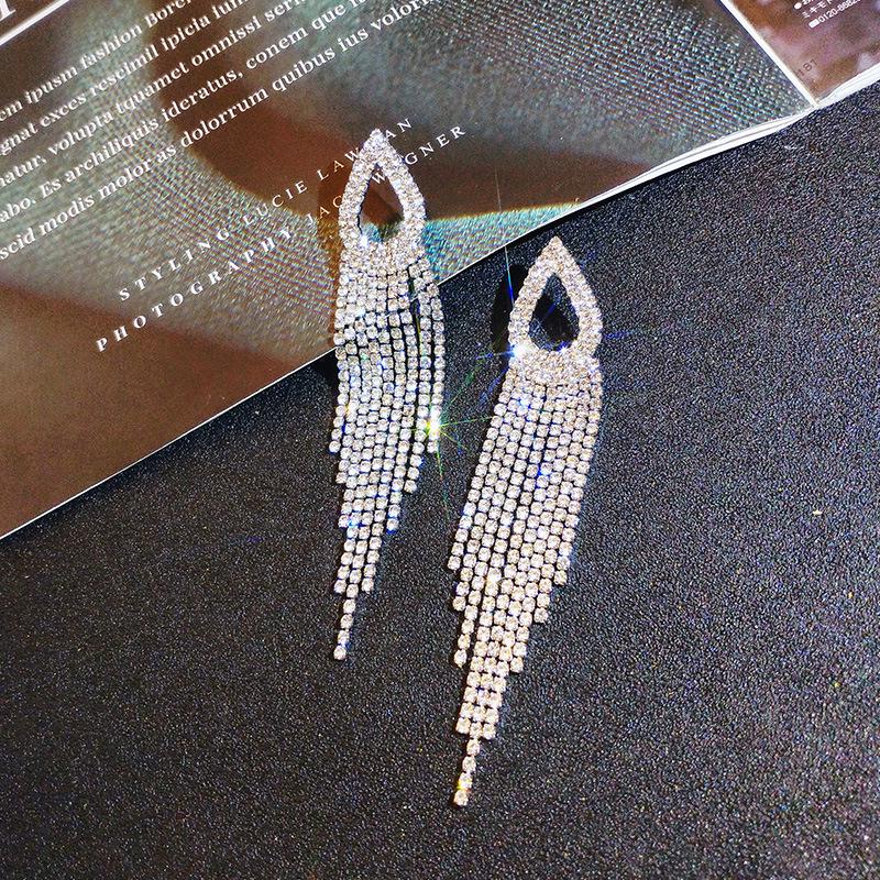 S925 Silver Teardrop Diamond Tassel Dangle Earrings - Korean Fashion, Celebrity Style for Women