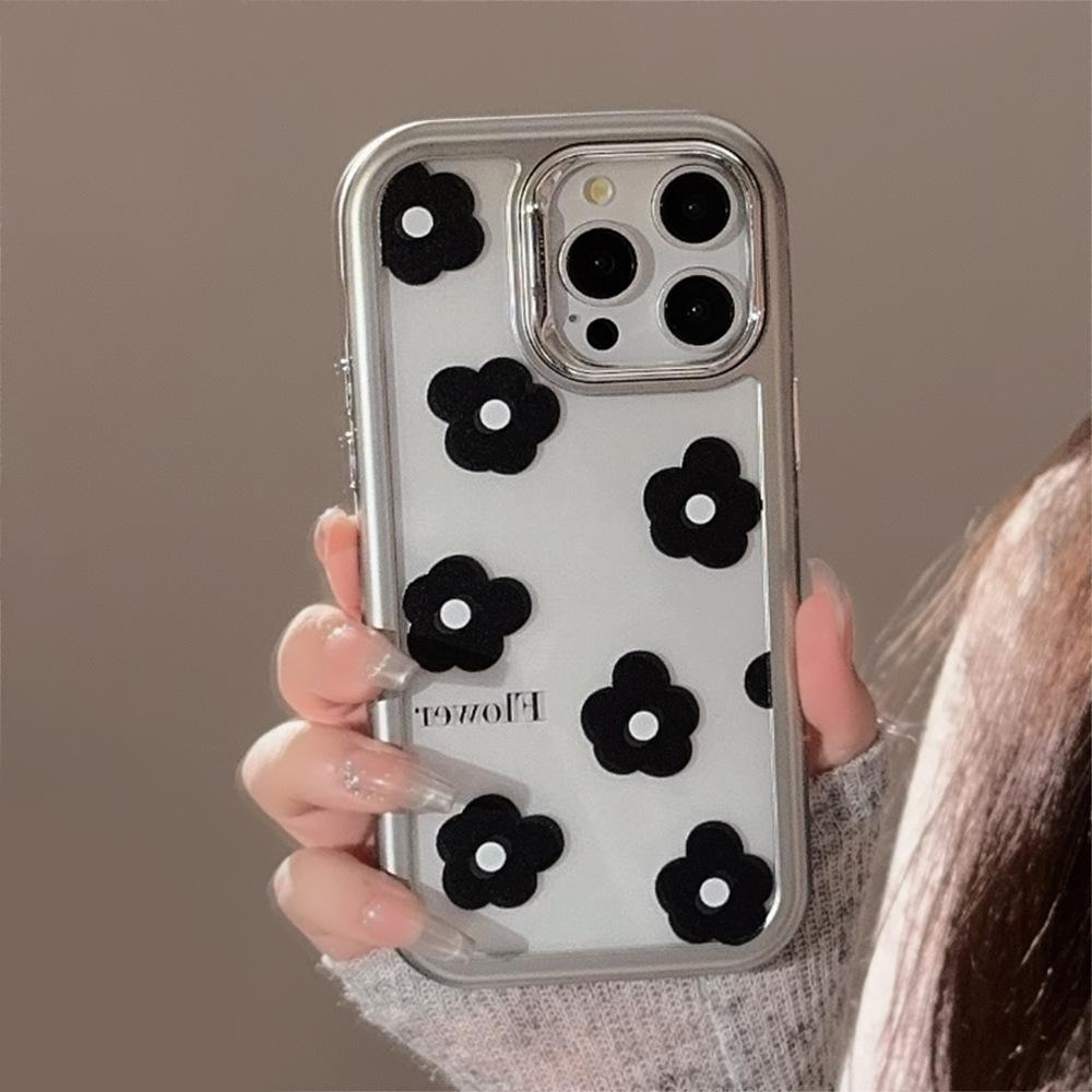 Black Flowers iPhone15Mobile Phone Shell for iphone14Acrylic13Suitable for Electroplating16promax Korean-style Simplicity