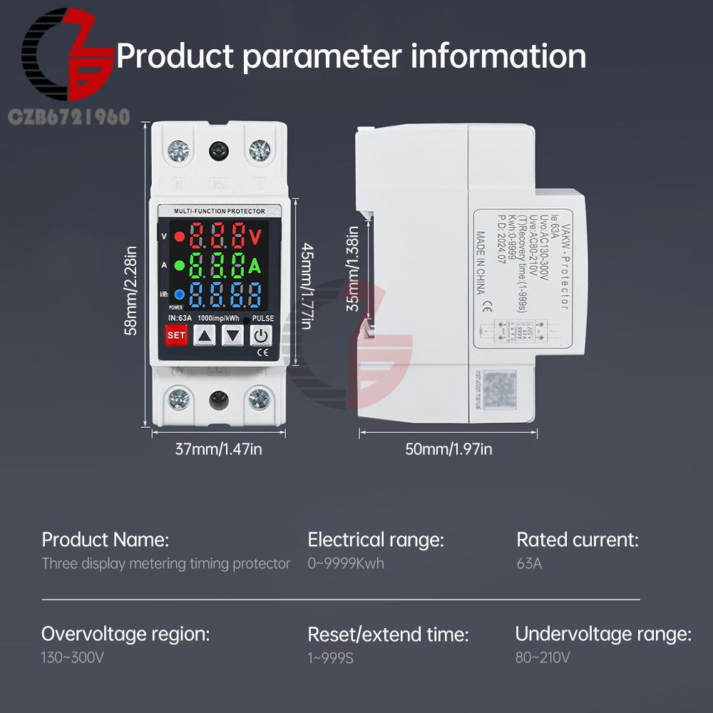 63A Din Rail 3-in-1 Display Adjustable Over Voltage Current and Under Voltage Protective Device Protector Relay Volt Power Meter